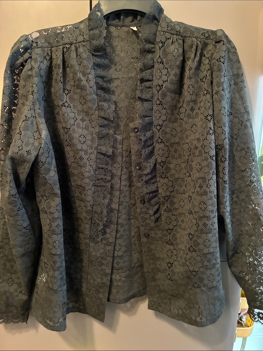Retro Lace Ruffle Women's Top in black. Sheer